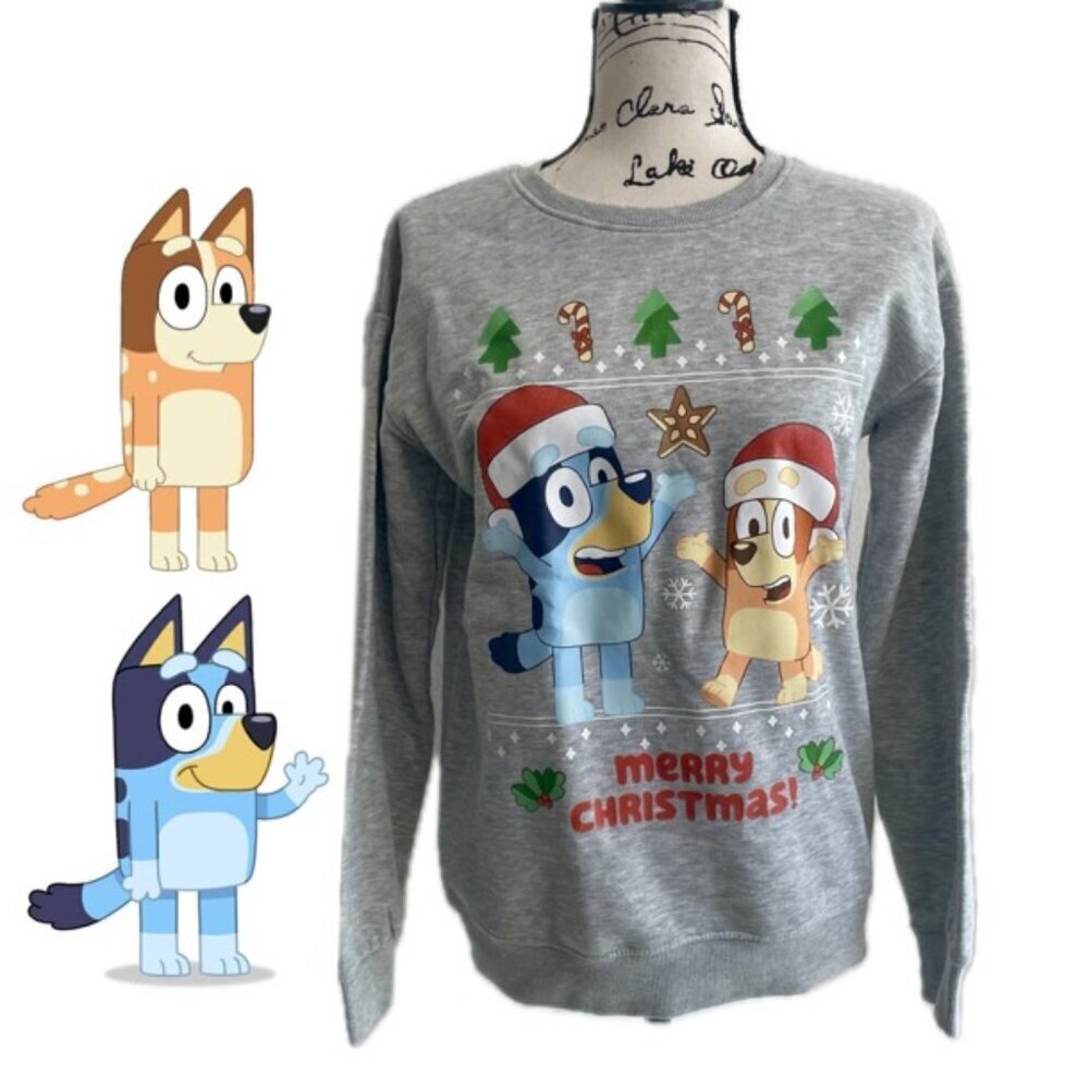 BLUEY & CHILLY HELLER UGLY CHRISTMAS SWEATSHIRT SZ S‎ KIDS L GRAY CARTOON KAWAII